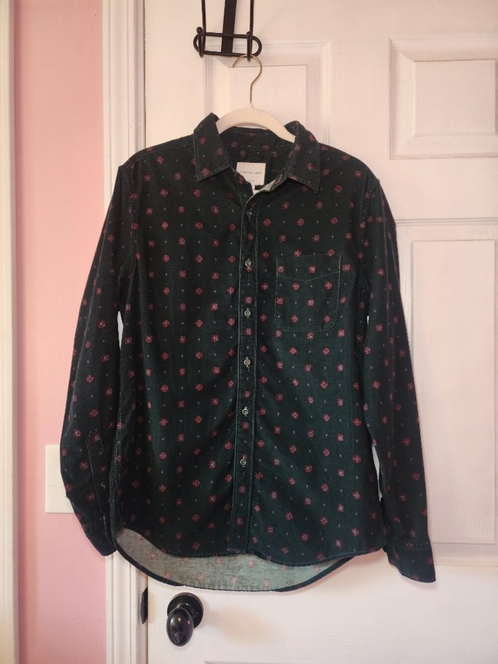 Green Corduroy Button-down with Western Style Print - Picture 4 of 5